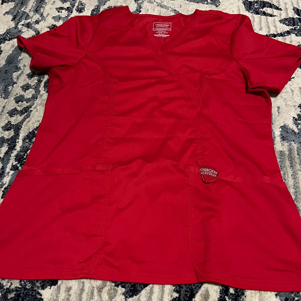 Cherokee Mock Wrap Scrub Top in Red (M)